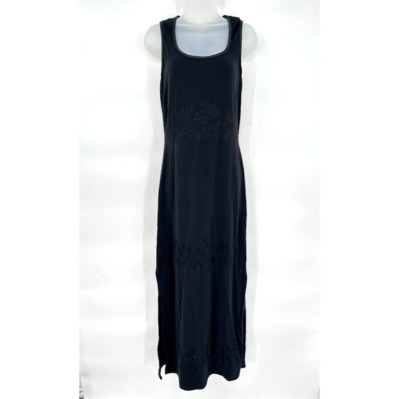 Vintage Y2K Black Rose Embroidered Maxi Dress Leg Slit Size 10 Whimsygoth Grunge - Picture 2 of 7